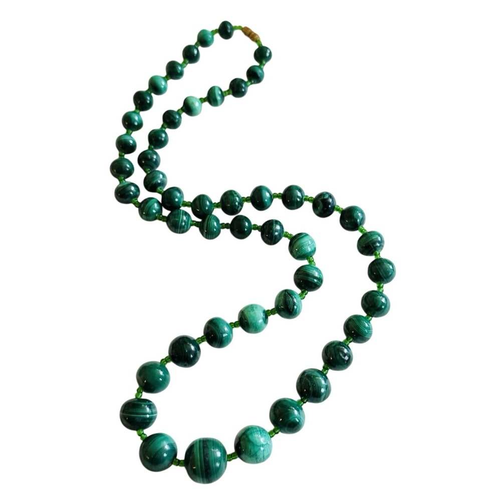 VTG Green Malachite Stone Graduated Beaded Necklace Natural‎ Genuine Collar Real